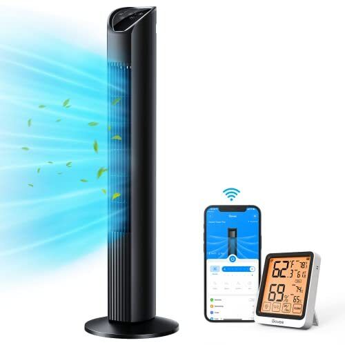 Govee Smart Tower Fan for Bedroom with Hygrometer Thermometer H5177, WiFi Oscillating Fan with Auto Mode, App Control, Room Fan with 8 Speeds 3 Modes, 24H Timer, Works with Alexa for Home Office